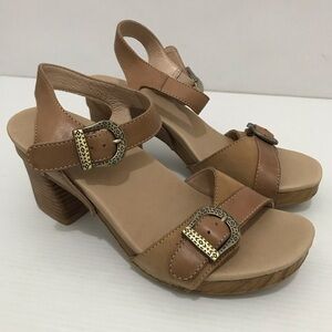 Dansko Anna Burmished Calf Leather Sandal Ankle Strap Block Tan Size 38